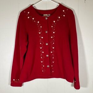 L.L‎ bean Red Women's fleece Sweater cardigan Floral Embellishments size medium